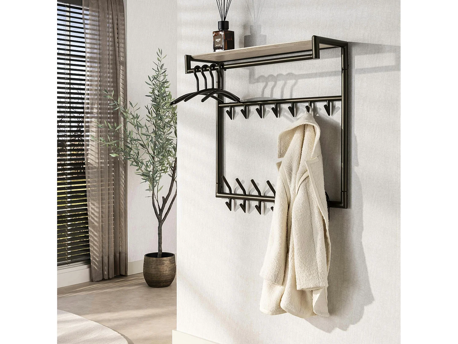 Portemanteau métal fini bronze 21 crochets 1 étagère RALF