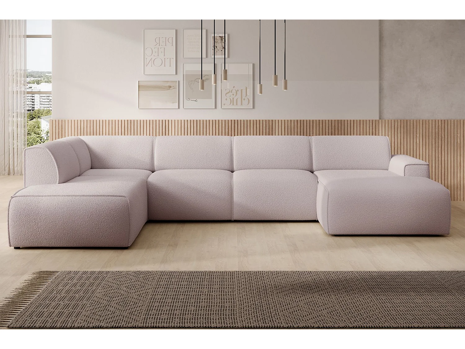 U-vormige bank met rugleuning aan de ottomane links – beige – bouclé – BOUVI