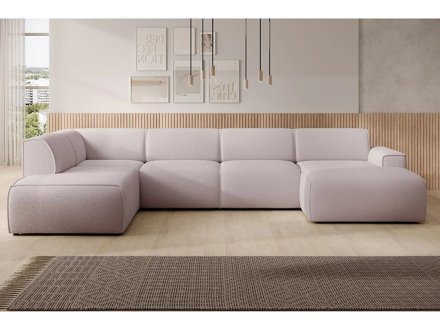 Canapé panoramique – dossier sur méridienne – côté gauche – beige – en bouclette – BOUVI