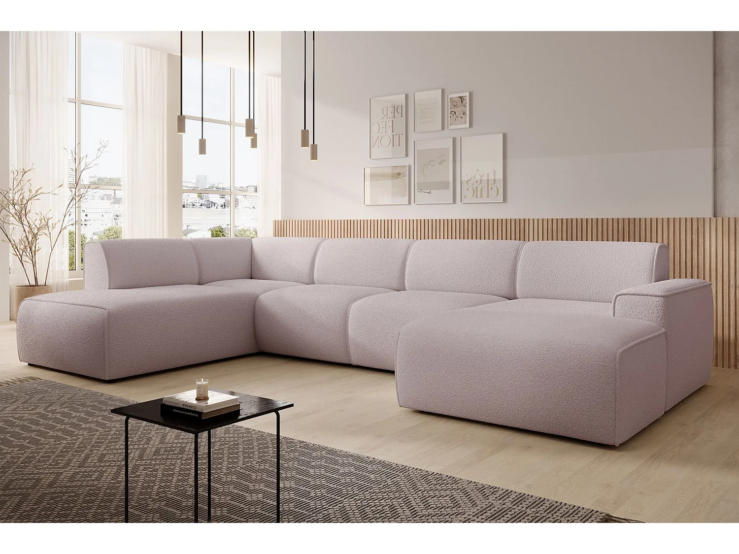 Canapé panoramique – dossier sur méridienne – côté gauche – beige – en bouclette – BOUVI