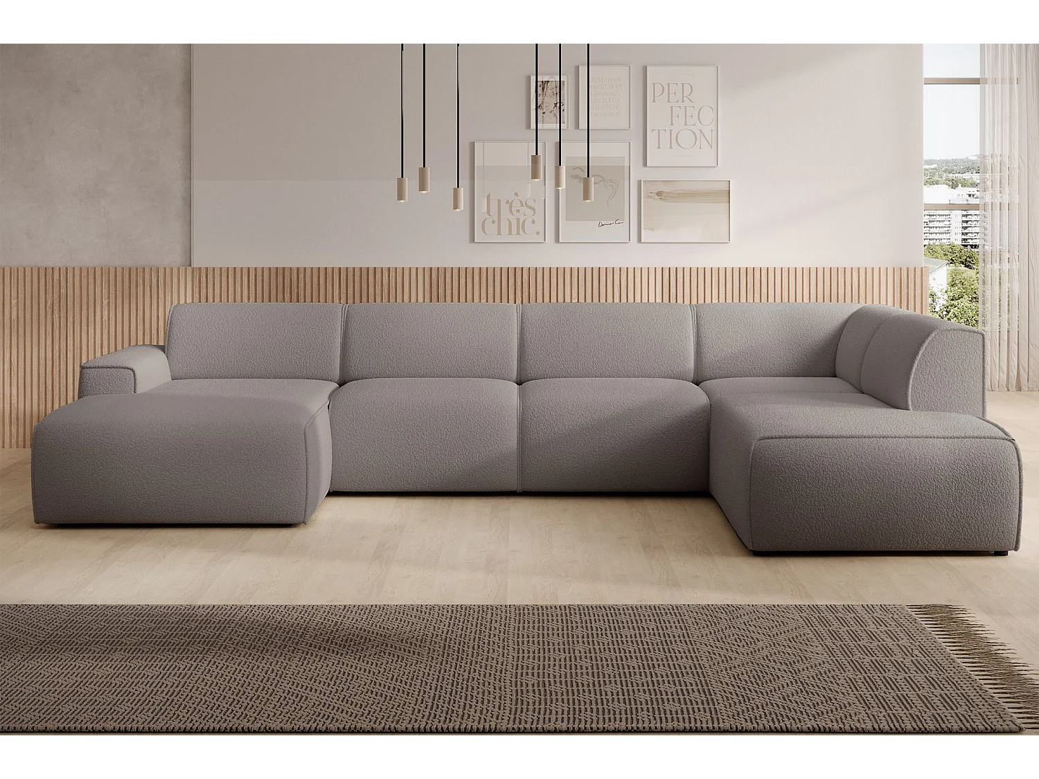 U-vormige bank met rugleuning aan de ottomane rechts – taupe – bouclé – BOUVI