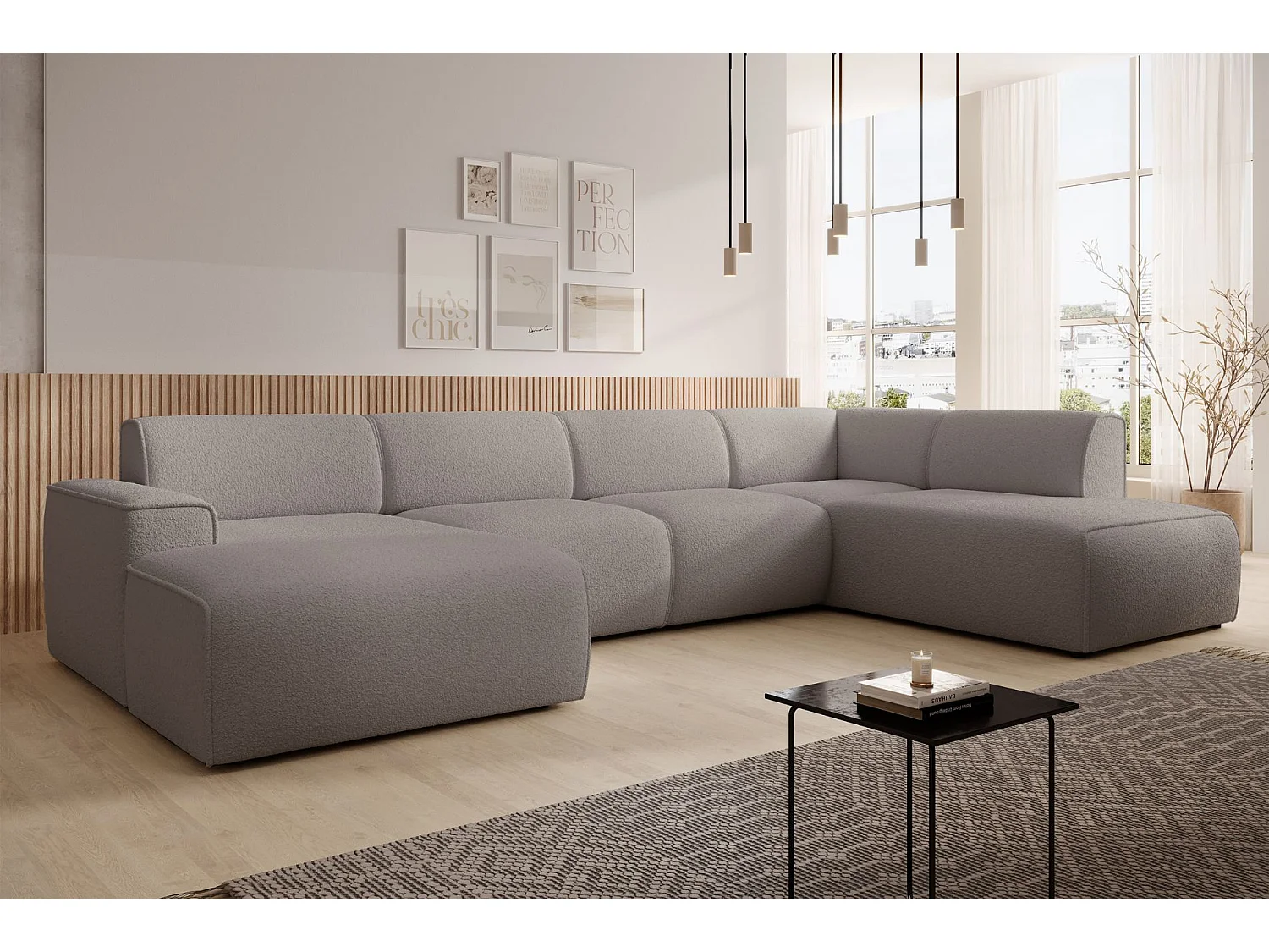 U-vormige bank met rugleuning aan de ottomane rechts – taupe – bouclé – BOUVI