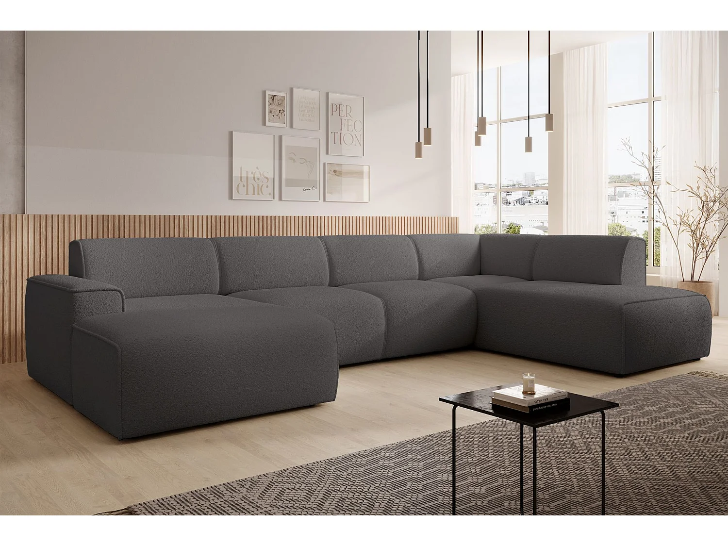 U-vormige bank met rugleuning aan de ottomane rechts – donkergrijs – bouclé – BOUVI