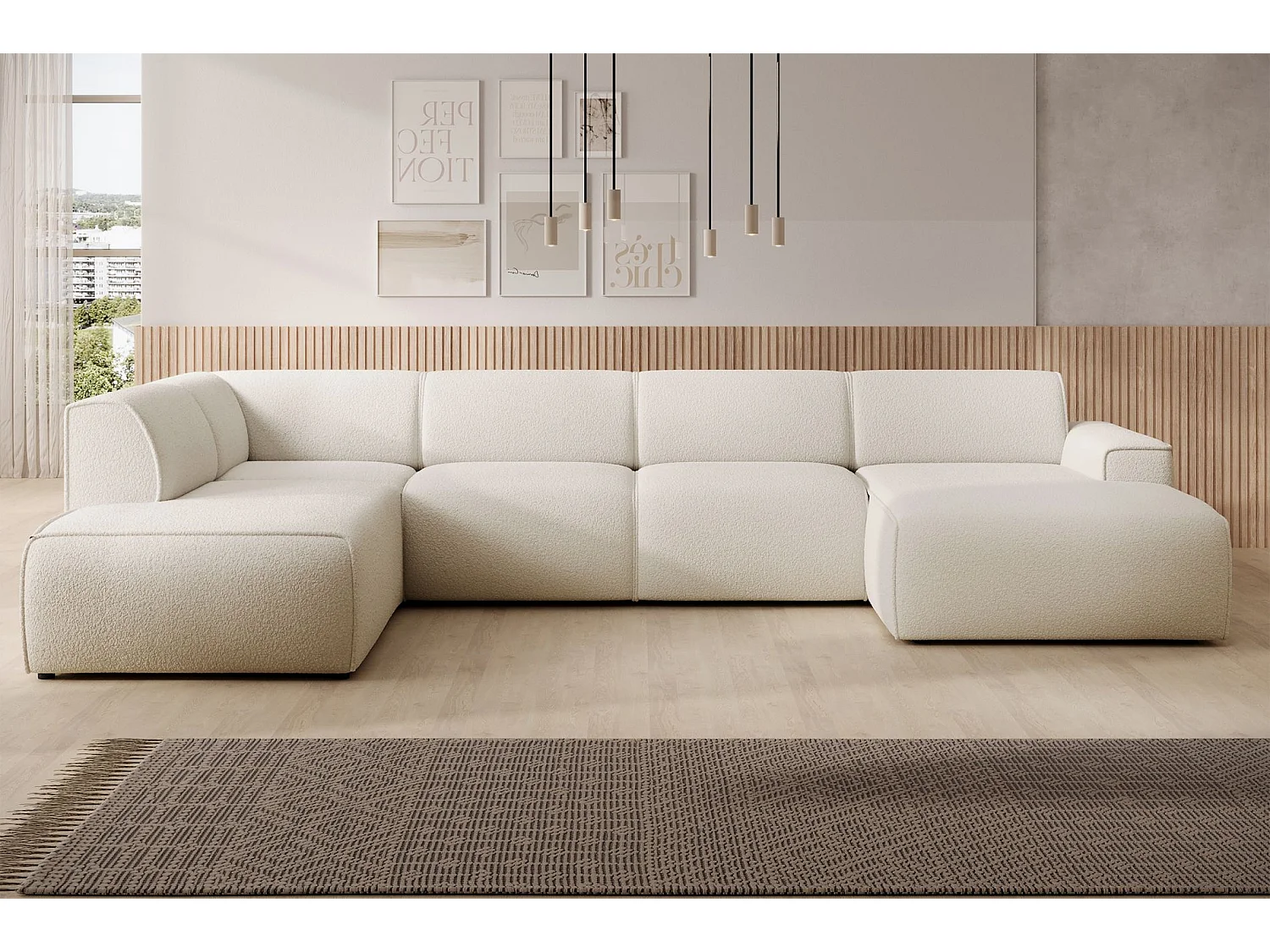 U-vormige bank met rugleuning aan de ottomane links – crème – bouclé – BOUVI