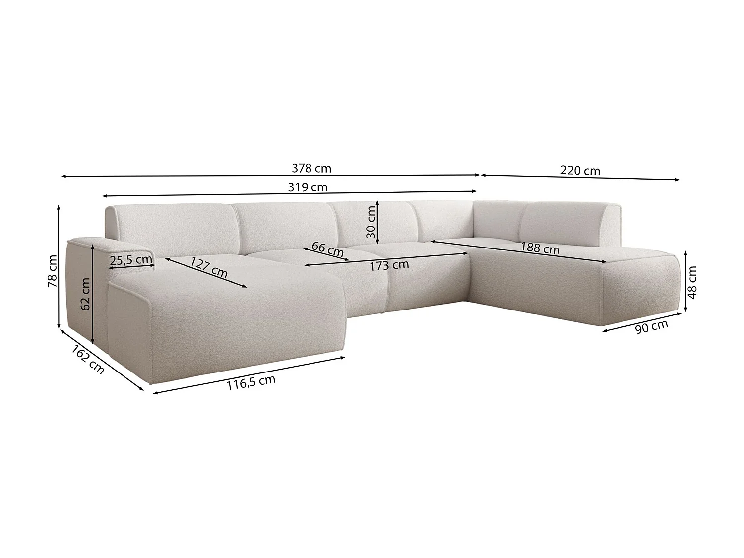 U-vormige bank met rugleuning aan de ottomane links – crème – bouclé – BOUVI