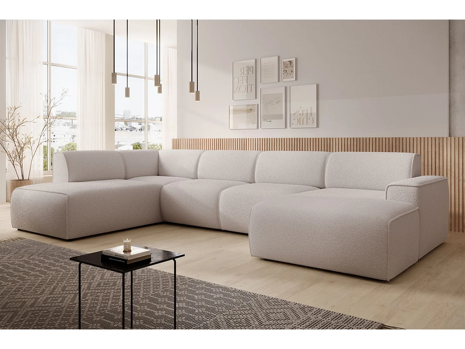 Canapé panoramique – dossier sur méridienne – côté gauche – beige clair – en bouclette – BOUVI