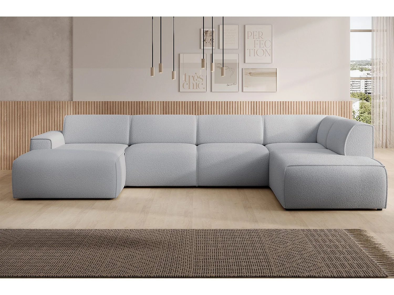 U-vormige bank met rugleuning aan de ottomane rechts – lichtgrijs – bouclé – BOUVI