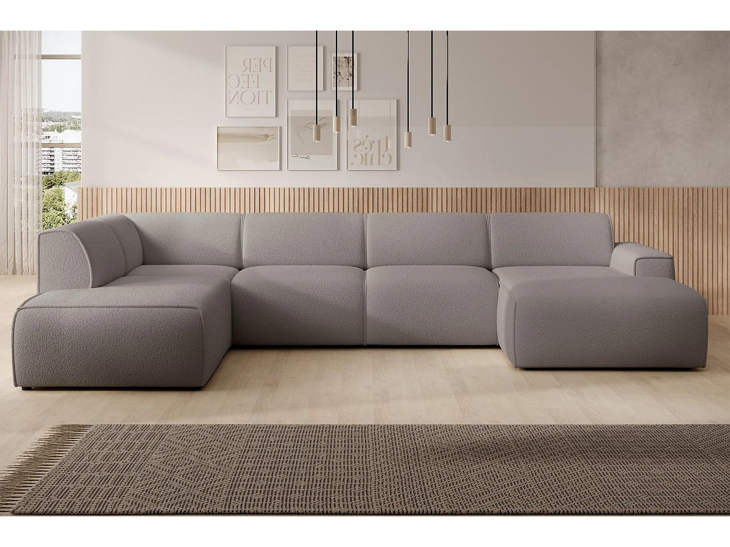 U-vormige bank met rugleuning aan de ottomane links – taupe – bouclé – BOUVI