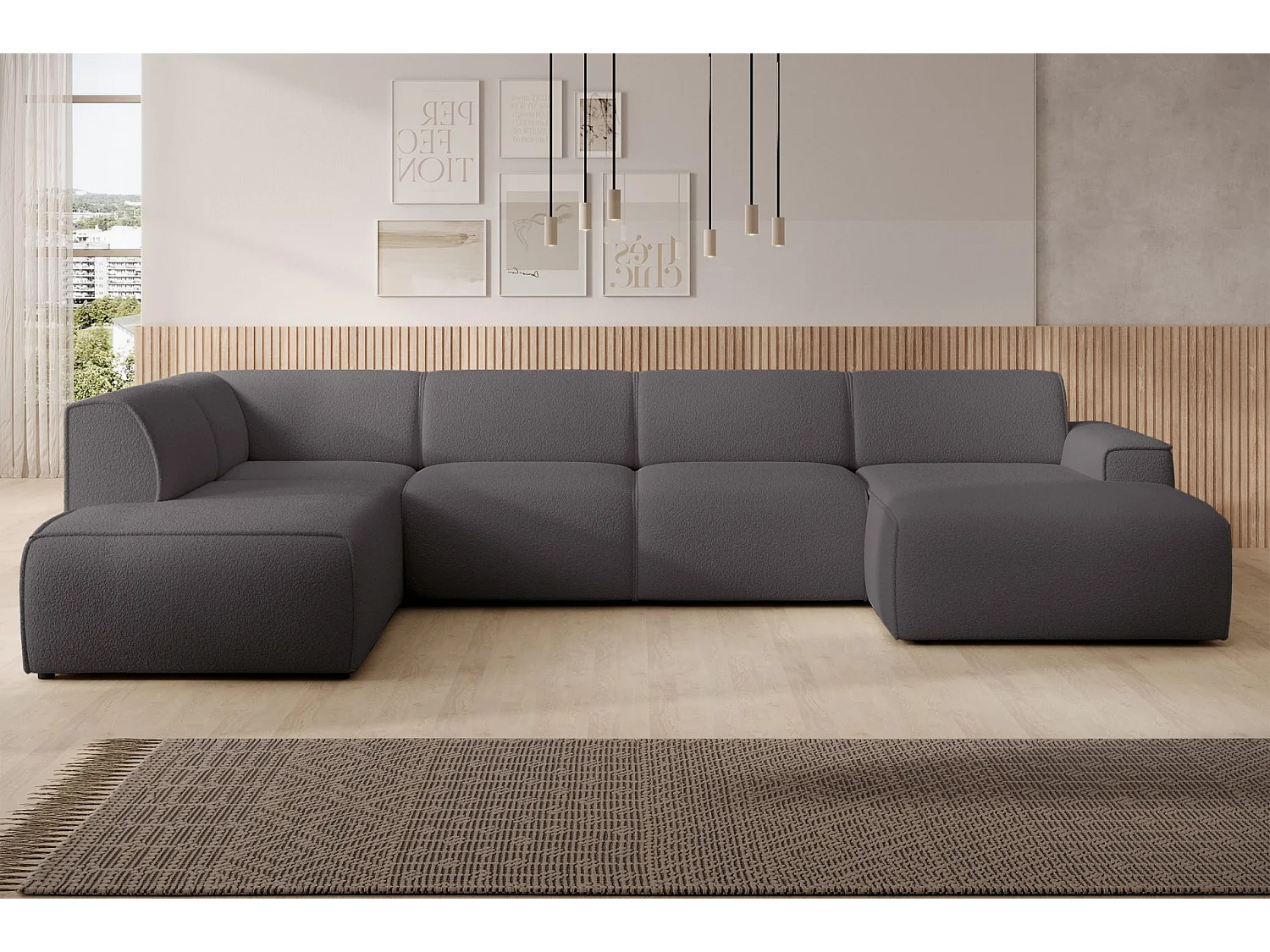 U-vormige bank met rugleuning aan de ottomane links – donkergrijs – bouclé – BOUVI