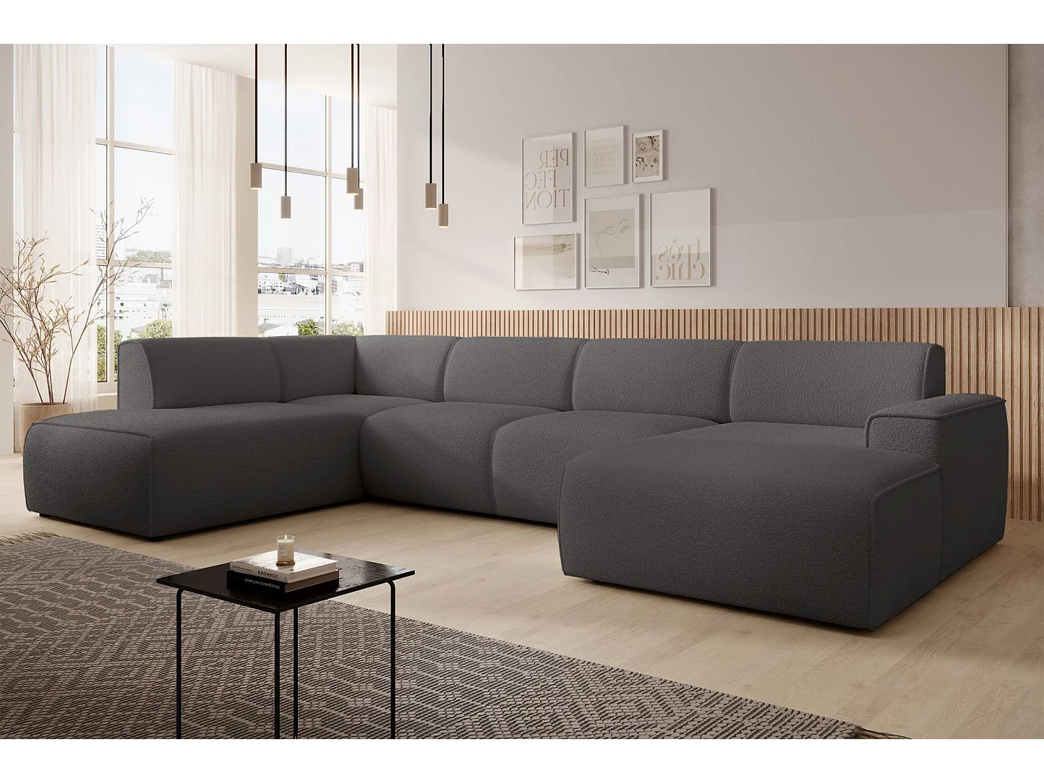 U-vormige bank met rugleuning aan de ottomane links – donkergrijs – bouclé – BOUVI