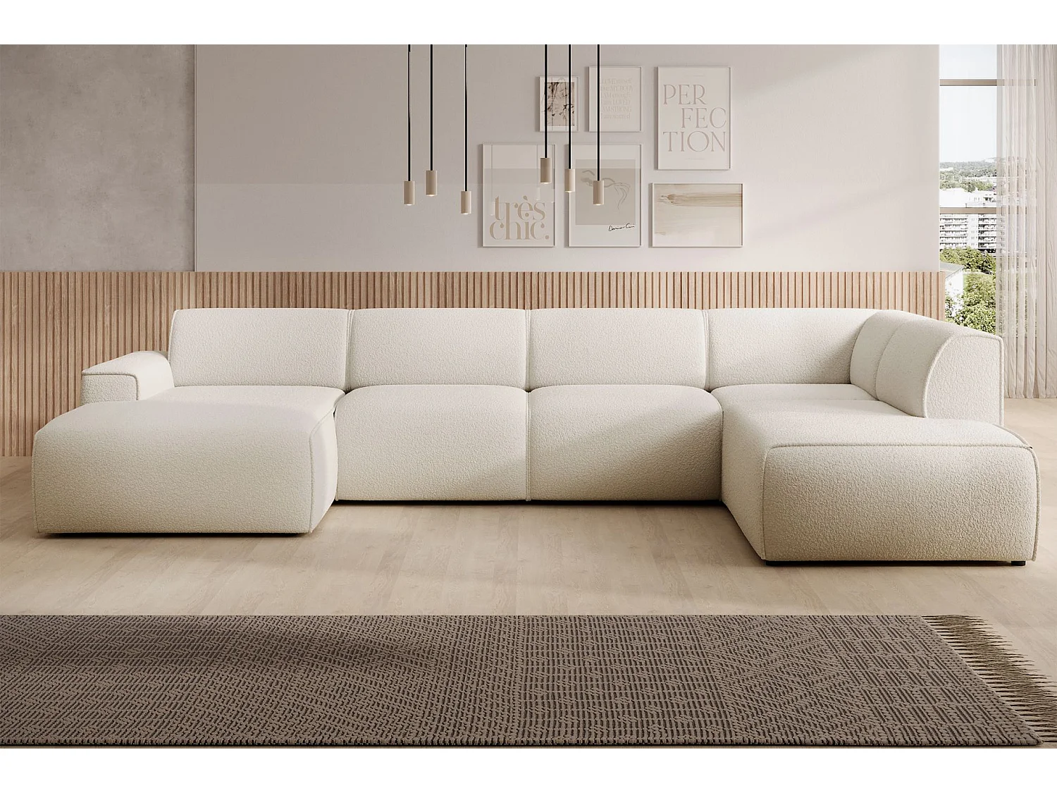 U-vormige bank met rugleuning aan de ottomane rechts – crème – bouclé – BOUVI