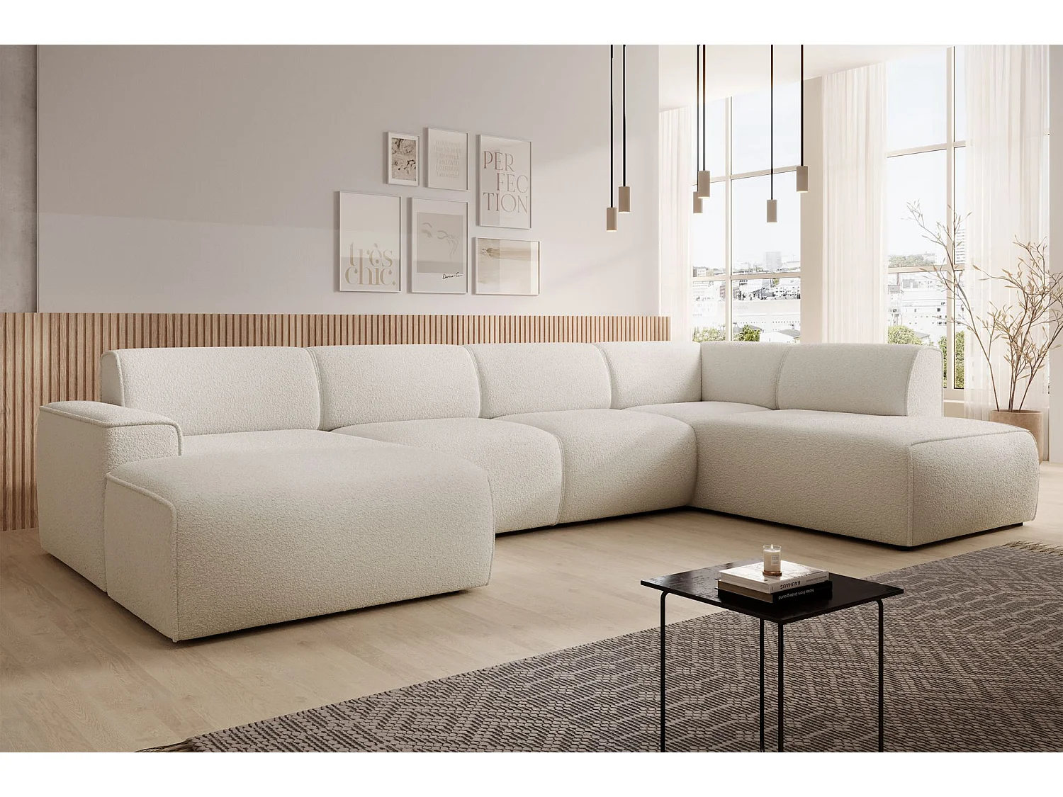 U-vormige bank met rugleuning aan de ottomane rechts – crème – bouclé – BOUVI