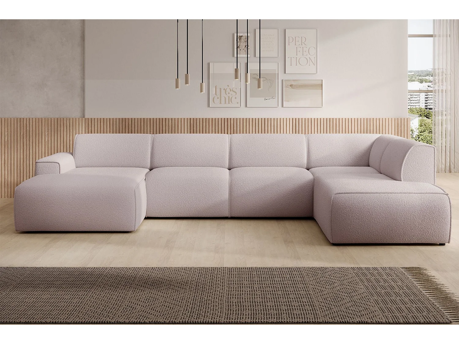 U-vormige bank met rugleuning aan de ottomane rechts – beige – bouclé – BOUVI