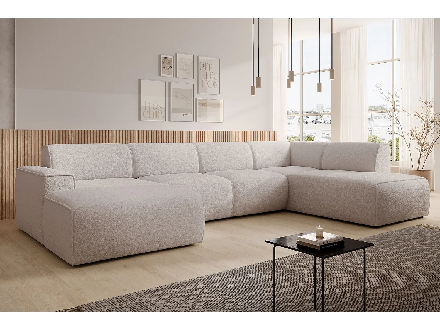 U-vormige bank met rugleuning aan de ottomane rechts – lichtbeige – bouclé – BOUVI