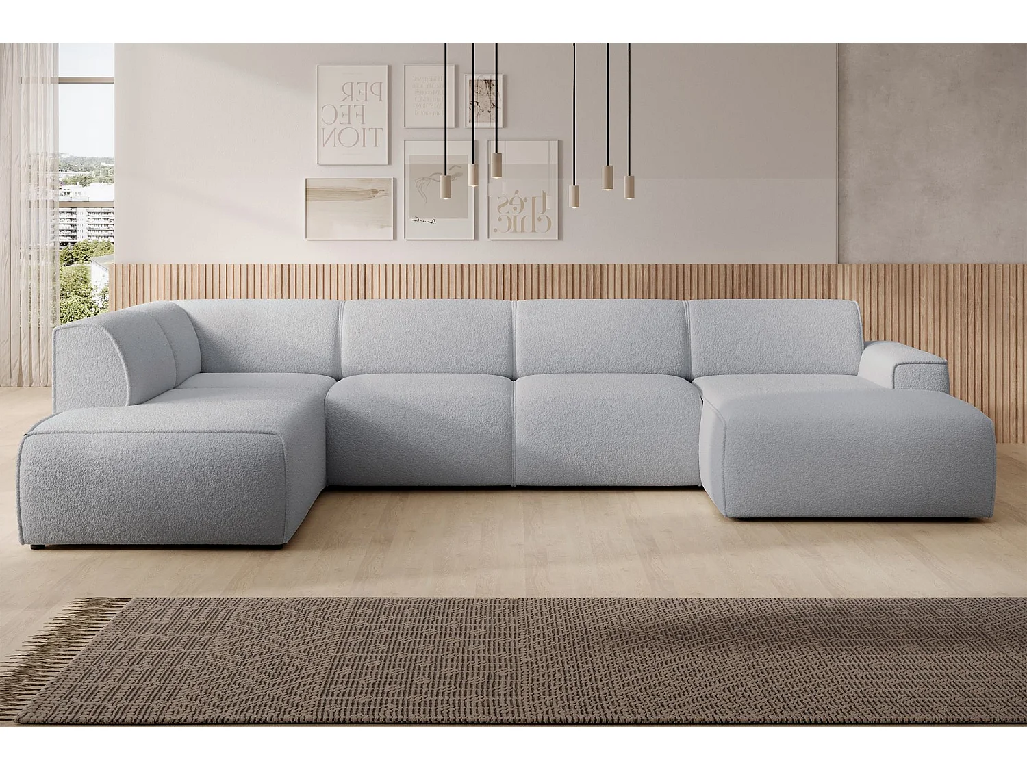 U-vormige bank met rugleuning aan de ottomane links – lichtgrijs – bouclé – BOUVI