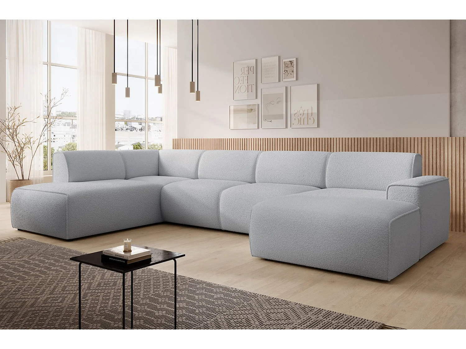 U-vormige bank met rugleuning aan de ottomane links – lichtgrijs – bouclé – BOUVI