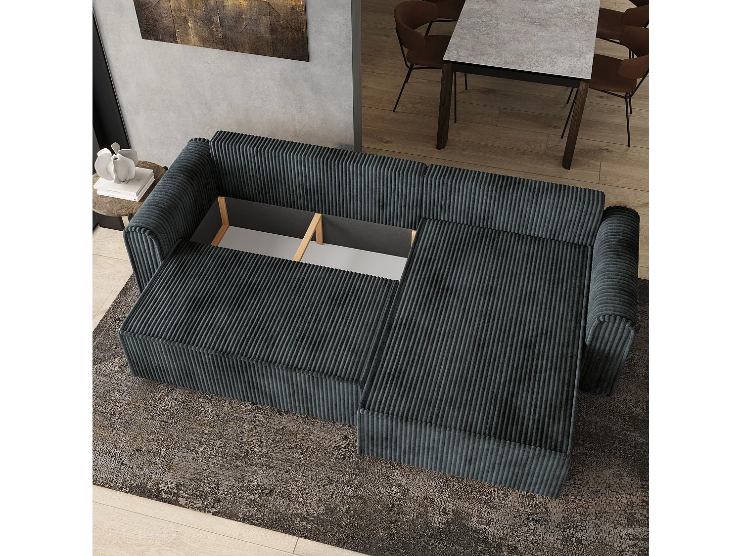 Hoekbank VALTINO van fluweel met slaapfunctie Grau