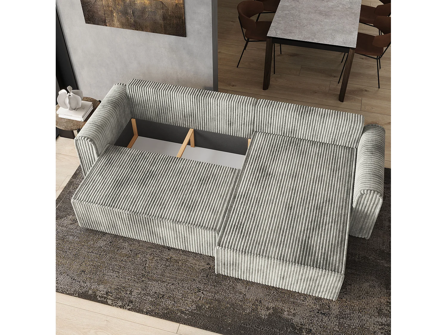 Hoekbank VALTINO van fluweel met slaapfunctie Hellgrau