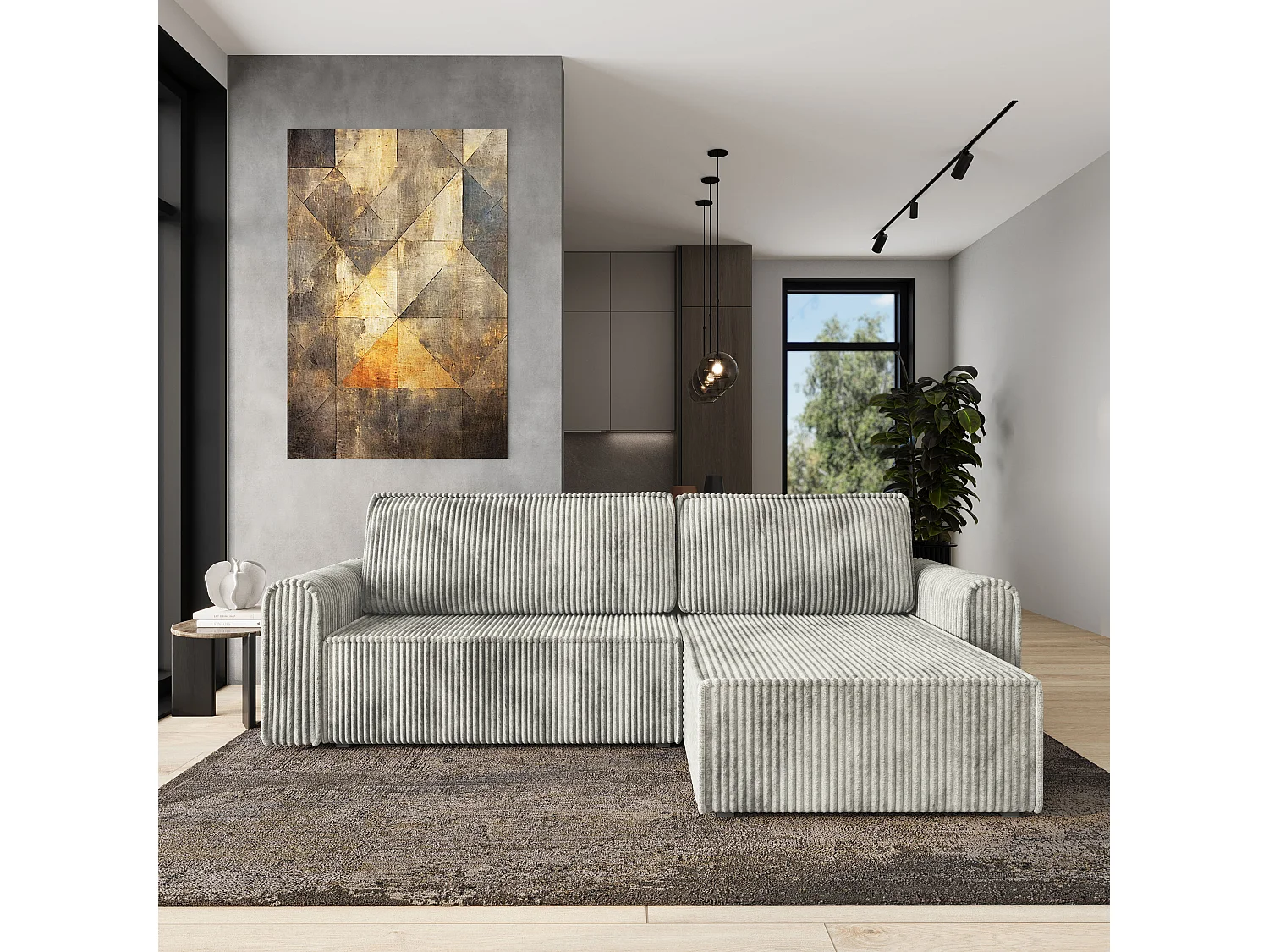 Hoekbank VALTINO van fluweel met slaapfunctie Hellgrau
