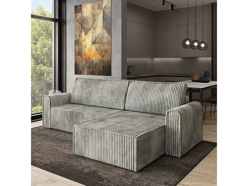 Canapé d'angle VALTINO Gris clair en velours côtelé avec fonction de couchage