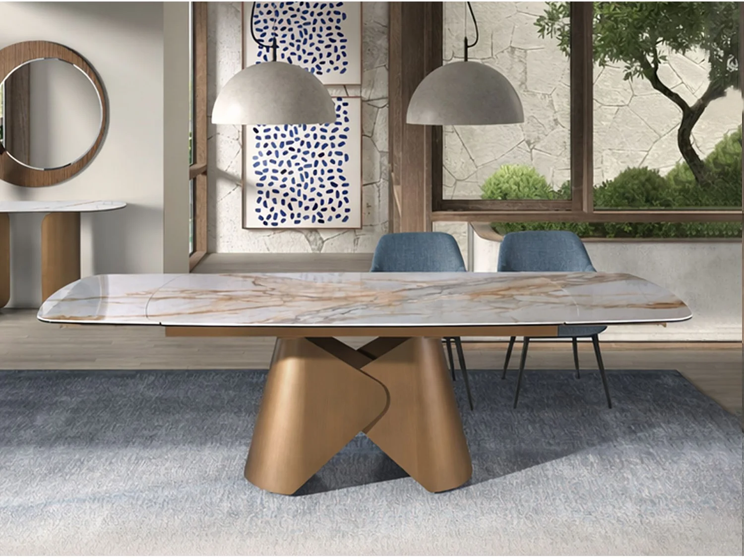 Table de salle à manger extensible ovale en forme de tonneau en marbre porcelanique et structure en acier coloris bronze 1176 ANGEL CERDA