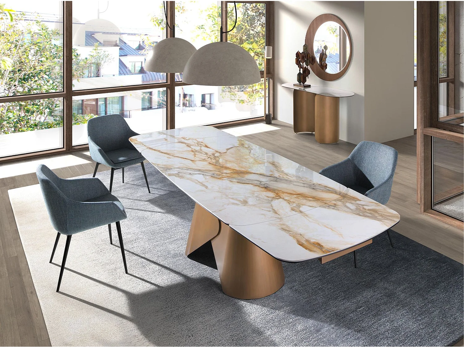 Table de salle à manger extensible ovale en forme de tonneau en marbre porcelanique et structure en acier coloris bronze 1176 ANGEL CERDA