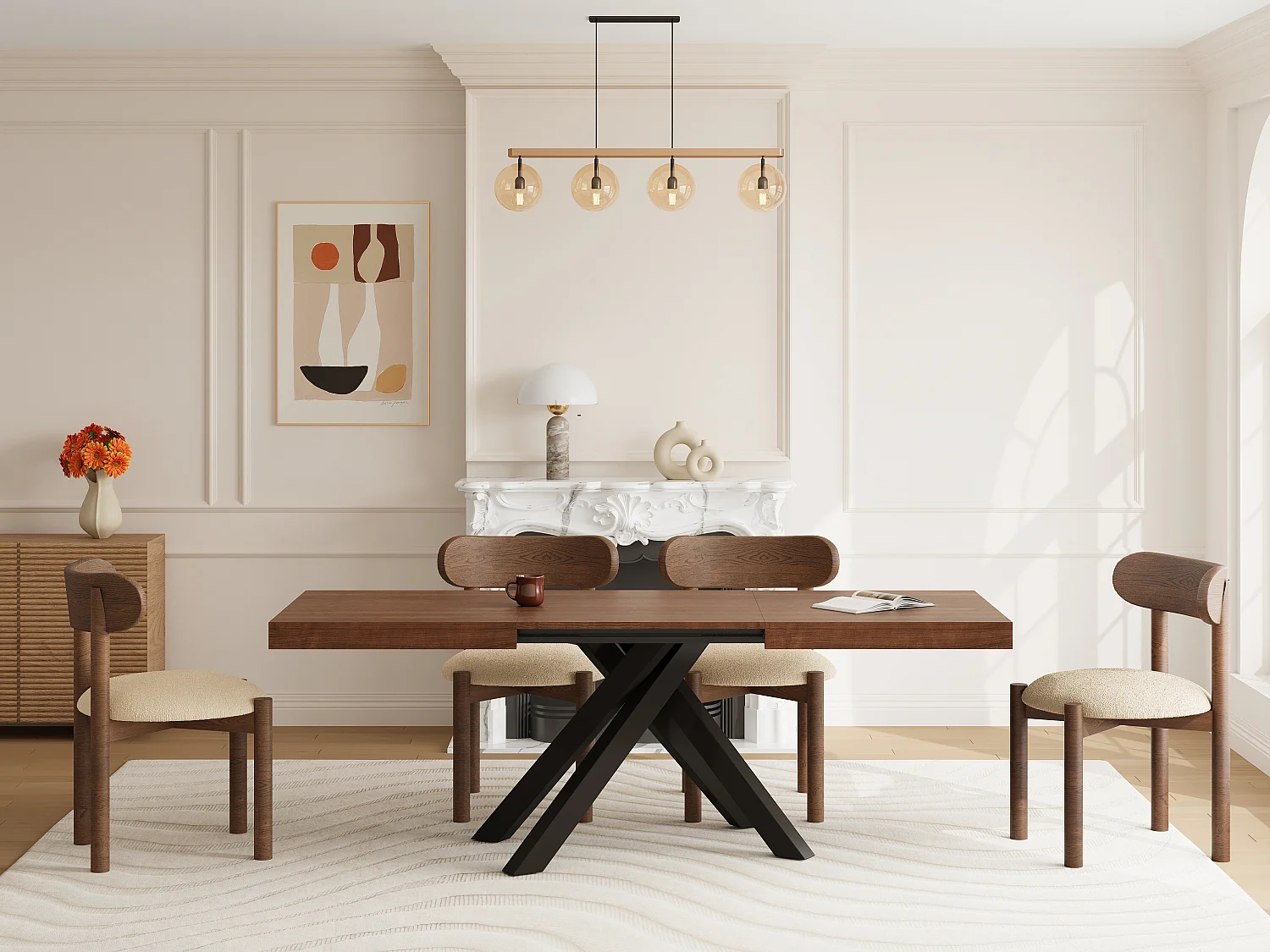 Table à manger extensible 6 à 10 personnes en MDF et métal - Naturel foncé et noir - CATONAV