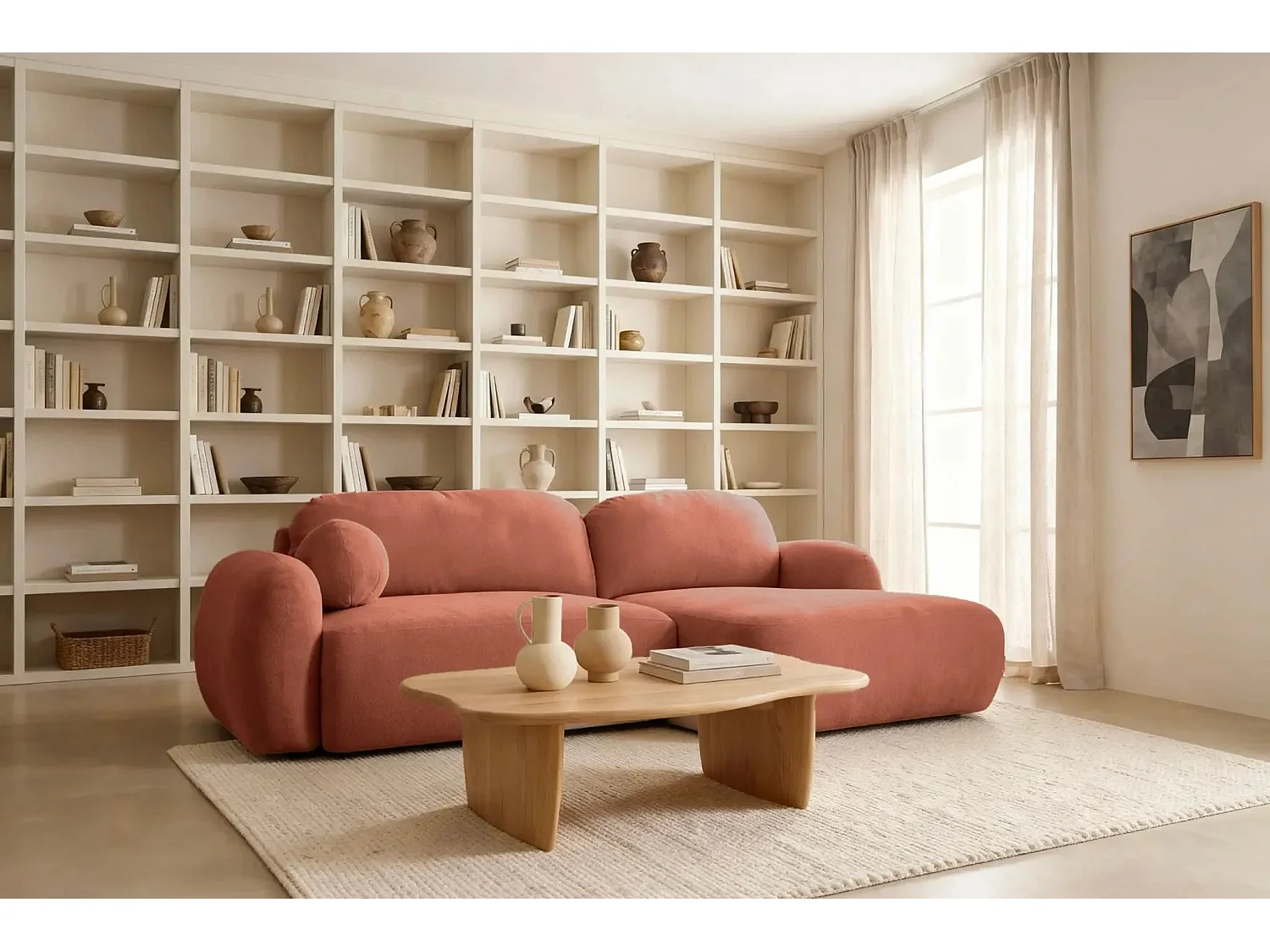 MARTIN - Canapé d'angle 3 places tissu chenille - Terracotta - Gauche