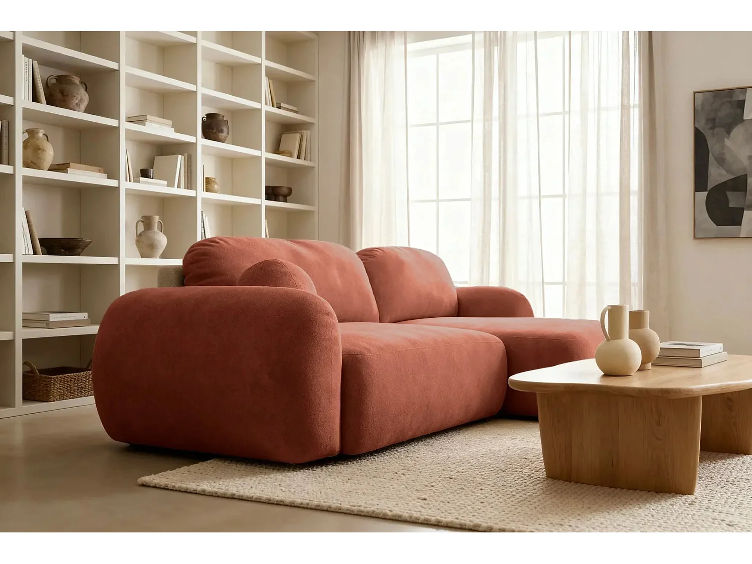 MARTIN - Canapé d'angle 3 places tissu chenille - Terracotta - Gauche