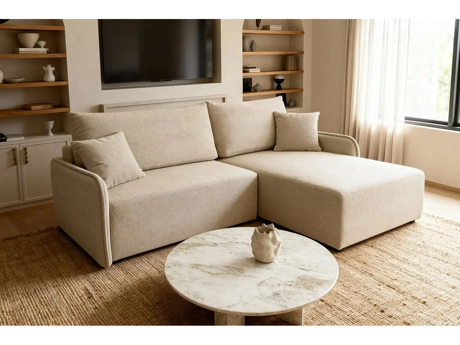 SACHA - Canapé d'angle tissu chiné - Beige - Gauche