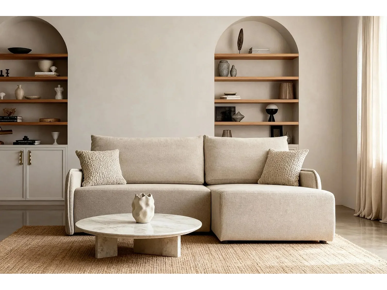 SACHA - Canapé d'angle tissu chiné 4 places - Beige - Gauche