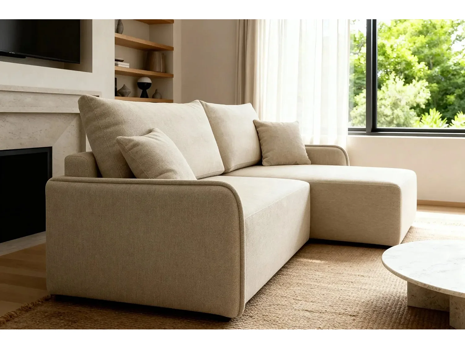 SACHA - Canapé d'angle tissu chiné 4 places - Beige - Gauche