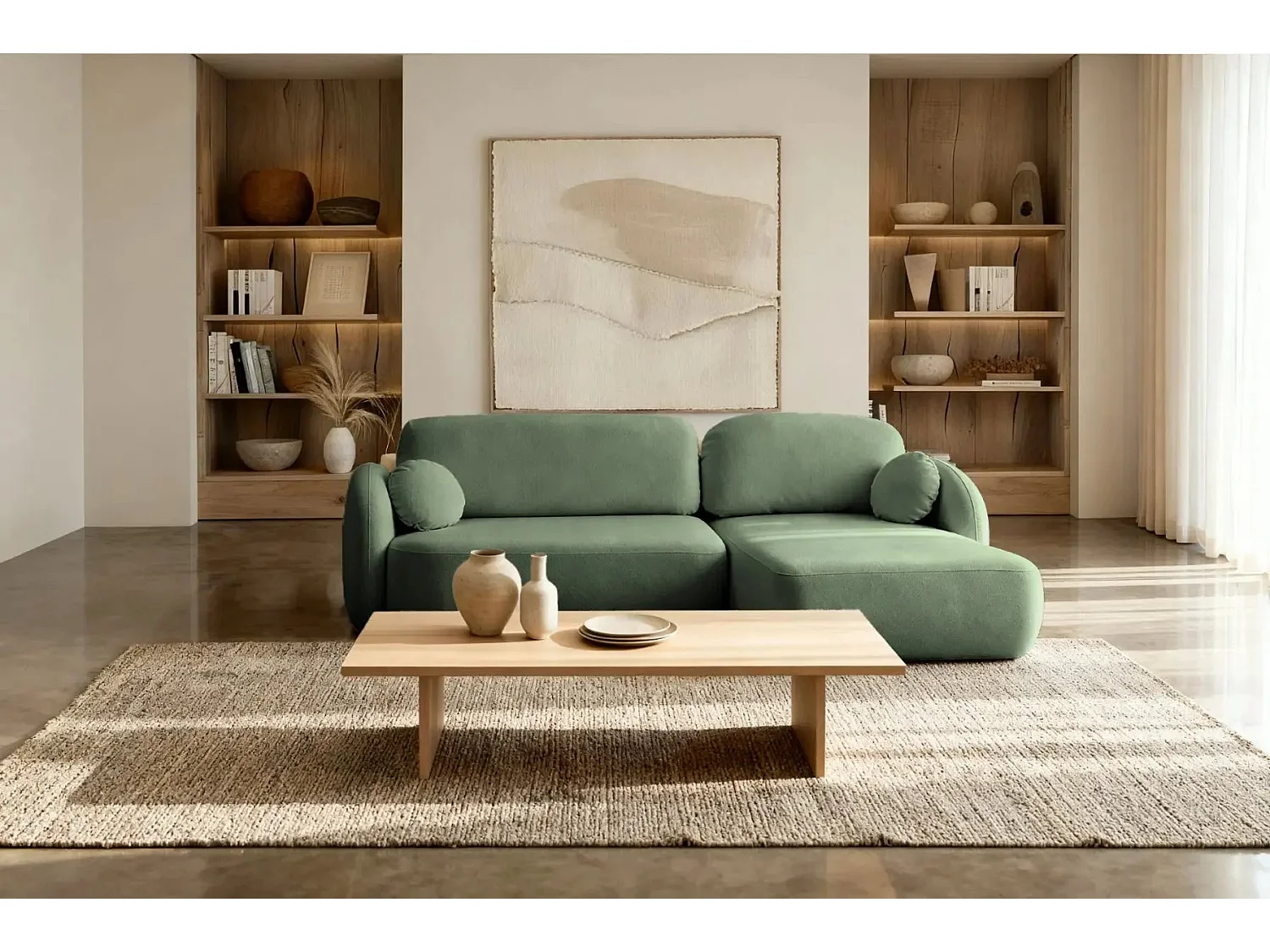 SANTIAGO - Canapé d'angle tissu bouclette - Vert - Gauche