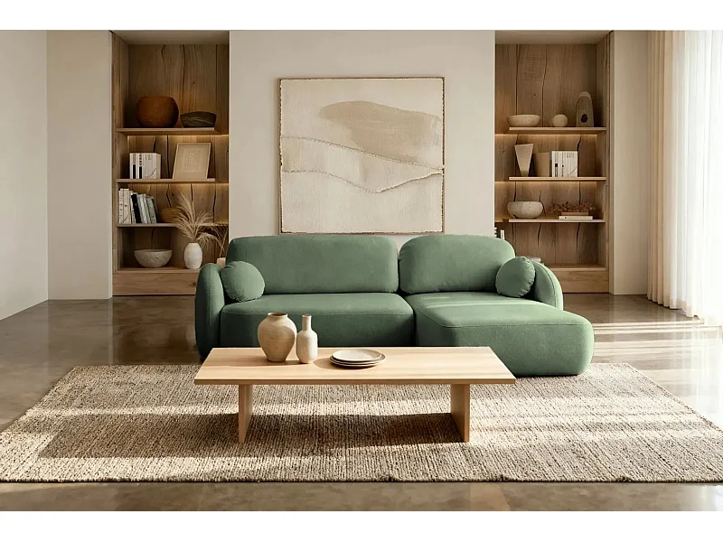 SANTIAGO - Canapé d'angle tissu bouclette 4 places - Vert - Gauche