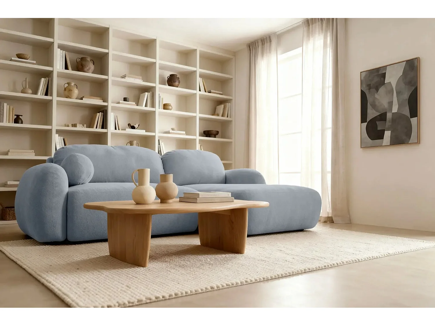 MARTIN - Canapé d'angle 3 places  tissu chenille - Bleu - Gauche