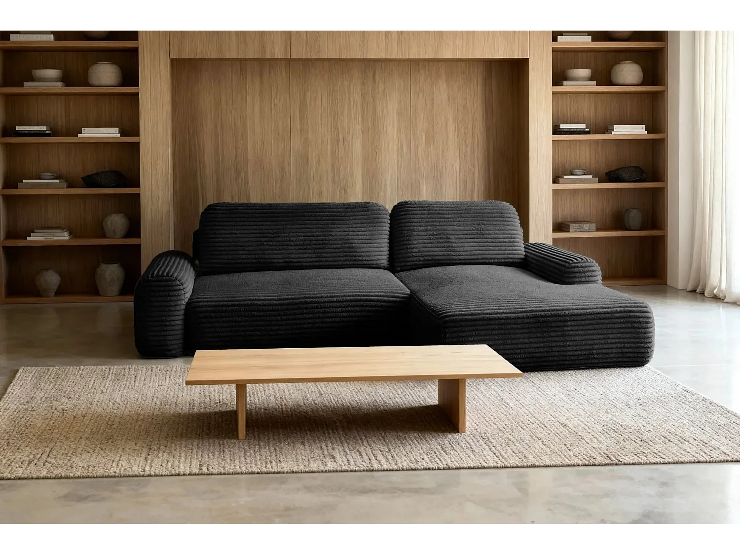 OLYMPE - Canapé d'angle velours cotelé - Noir - Gauche