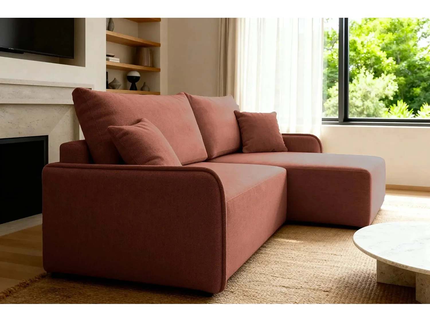 SACHA - Canapé d'angle tissu chiné - Terracotta - Gauche