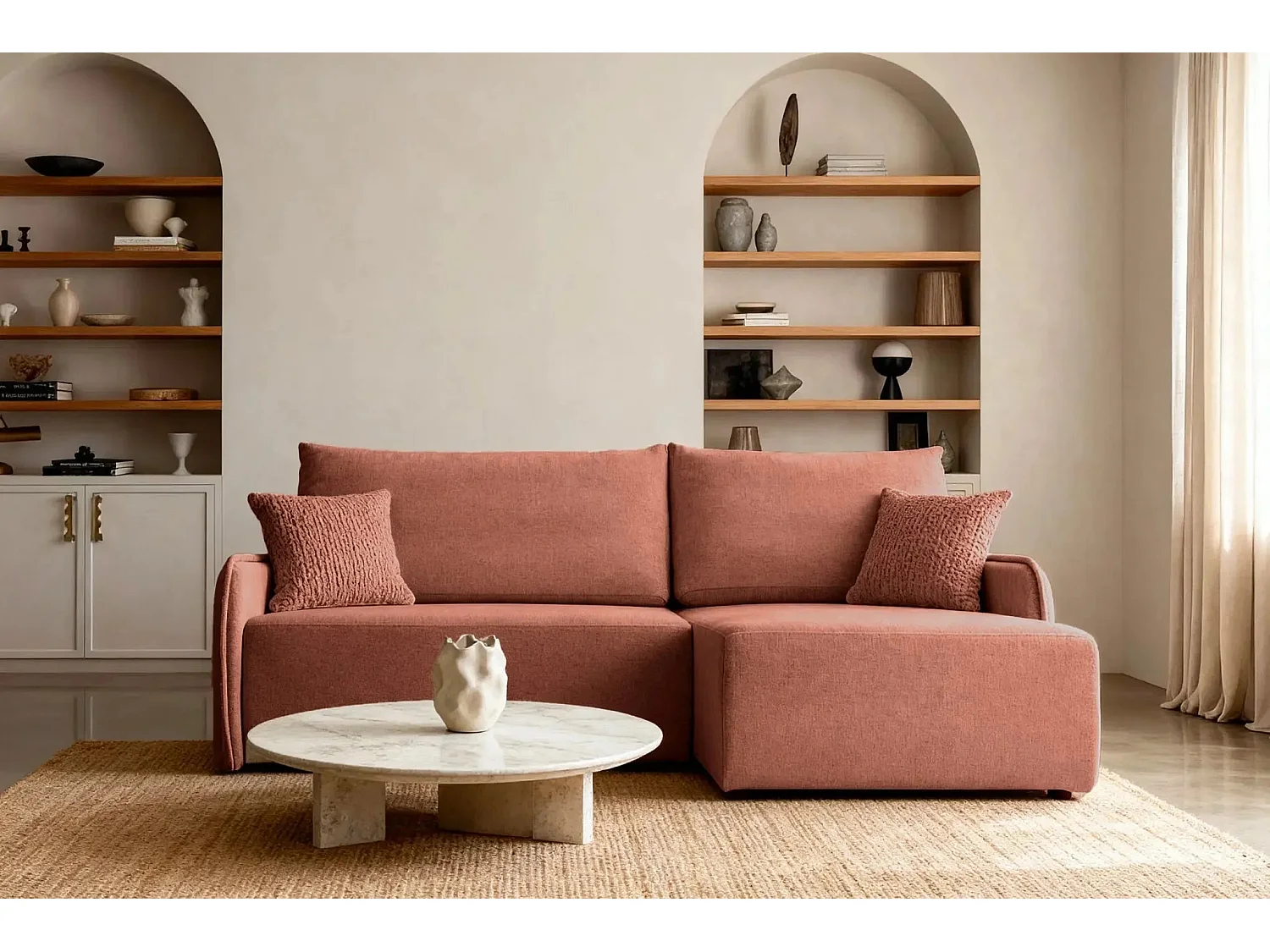 SACHA - Canapé d'angle tissu chiné 4 places - Terracotta - Gauche