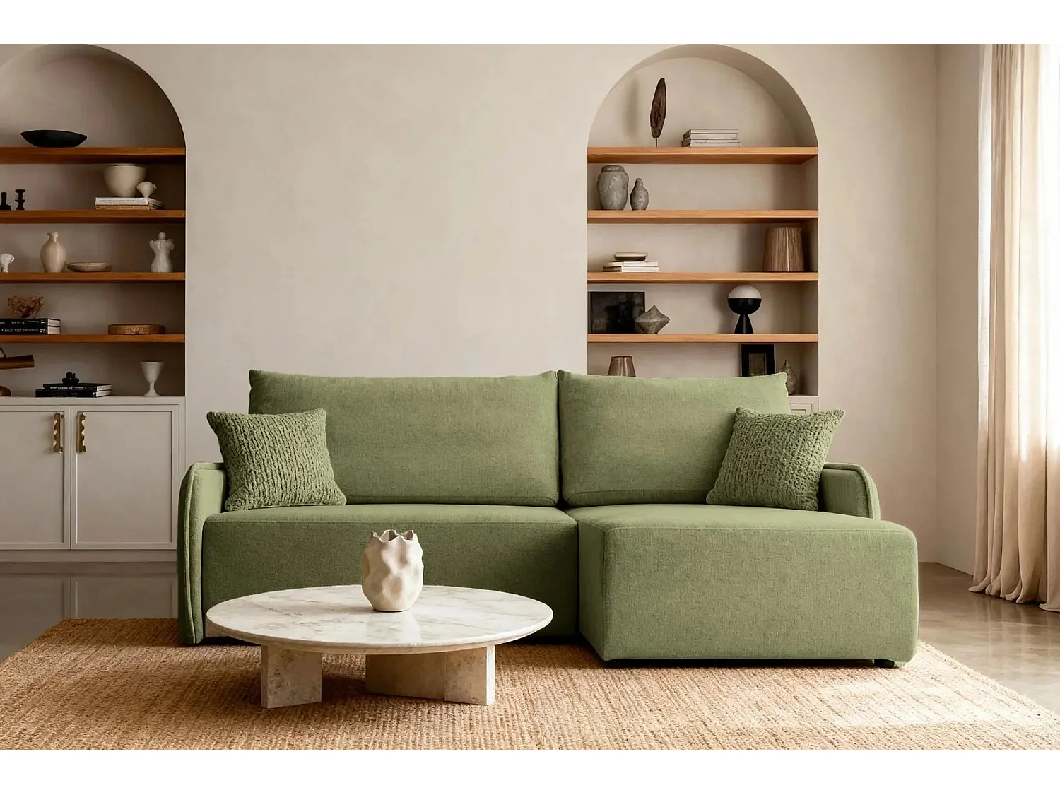 SACHA - Canapé d'angle tissu chiné 4 places - Vert - Gauche