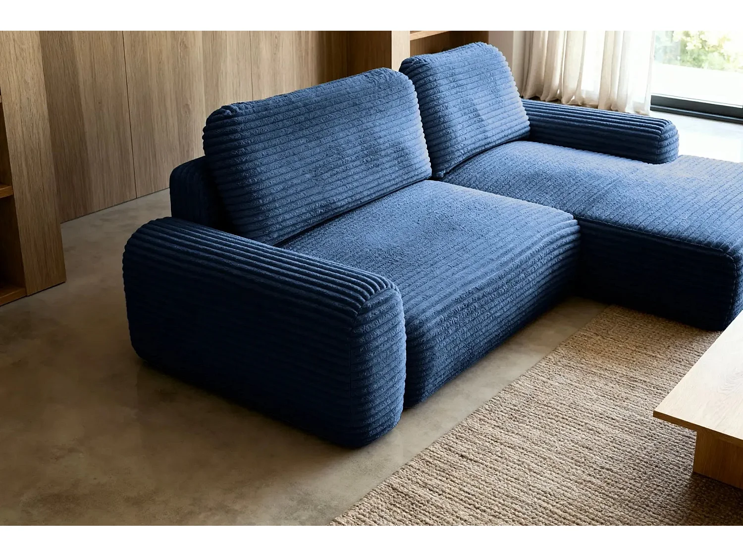 OLYMPE - Canapé d'angle velours cotelé - Bleu - Gauche