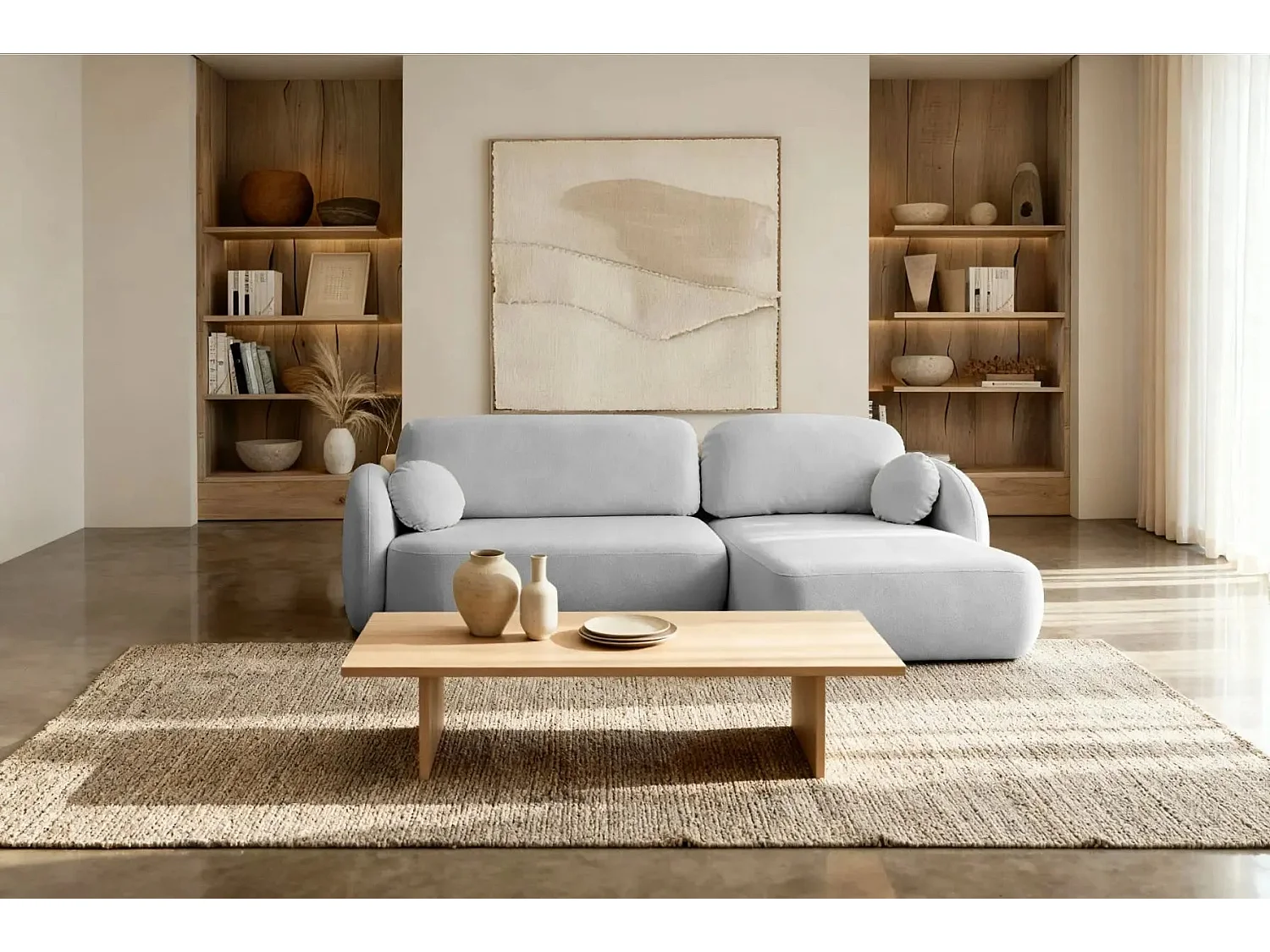 SANTIAGO - Canapé d'angle tissu bouclette - Gris Clair - Gauche