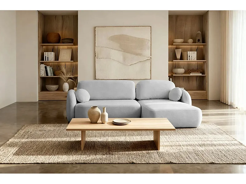 SANTIAGO - Canapé d'angle tissu bouclette - Gris Clair - Gauche