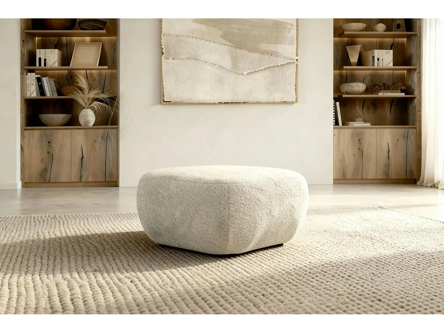 SANTIAGO - Pouf en tissu bouclette Beige 75x75x39