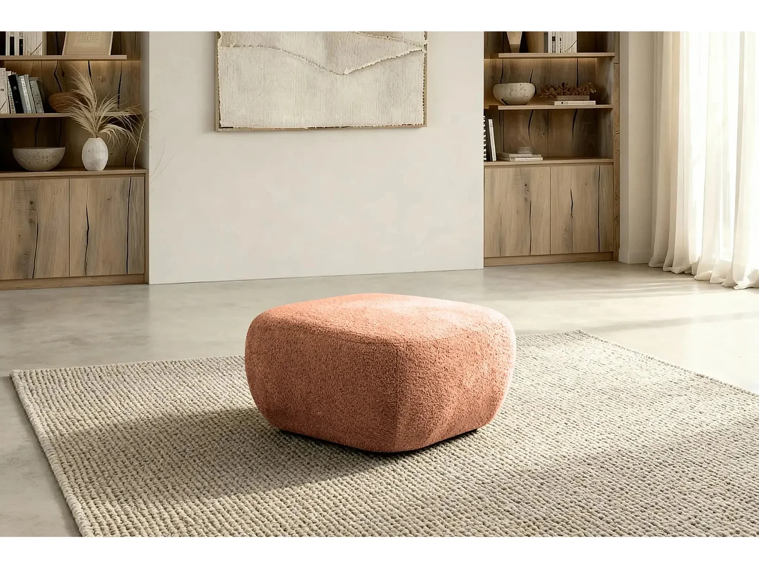 SANTIAGO - Pouf en tissu bouclette Terracotta 75x75x39