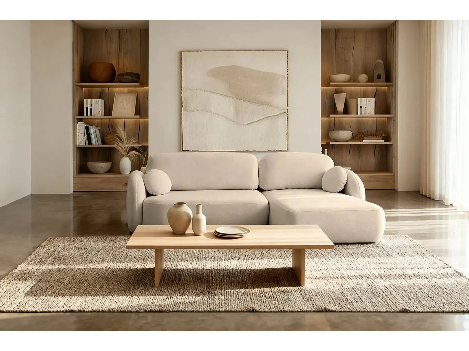 SANTIAGO - Canapé d'angle tissu bouclette - Taupe - Gauche