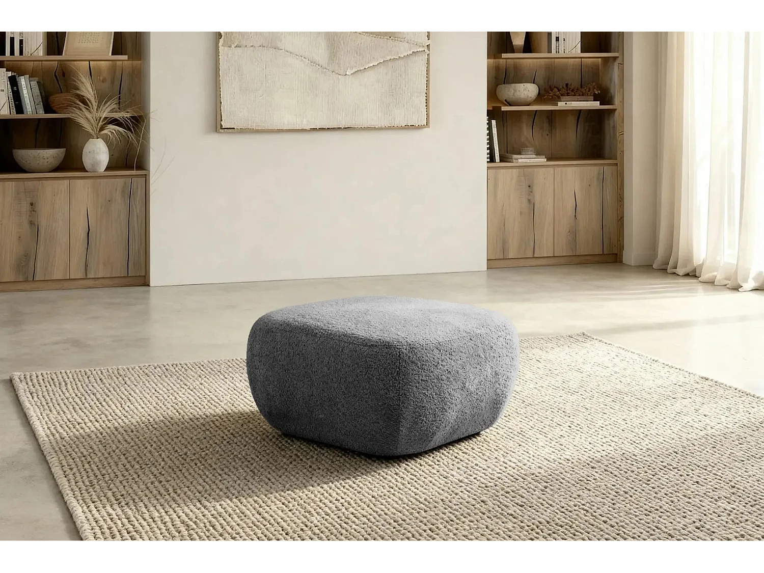 SANTIAGO - Pouf tissu bouclette - Gris Foncé