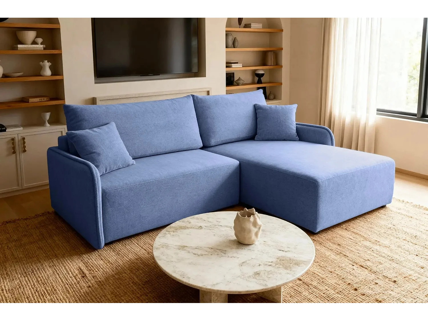 SACHA - Canapé d'angle tissu chiné 4 places - Bleu - Gauche