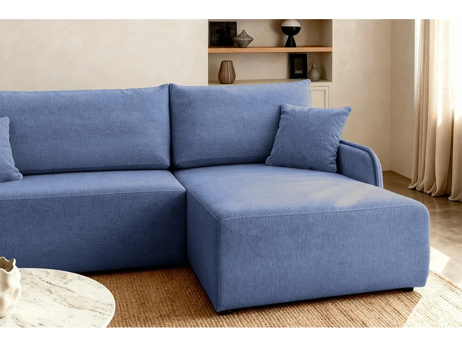 SACHA - Canapé d'angle tissu chiné 4 places - Bleu - Gauche