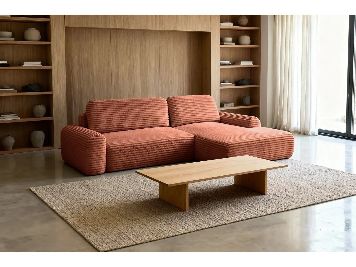 OLYMPE - Canapé d'angle velours cotelé - Terracotta - Gauche