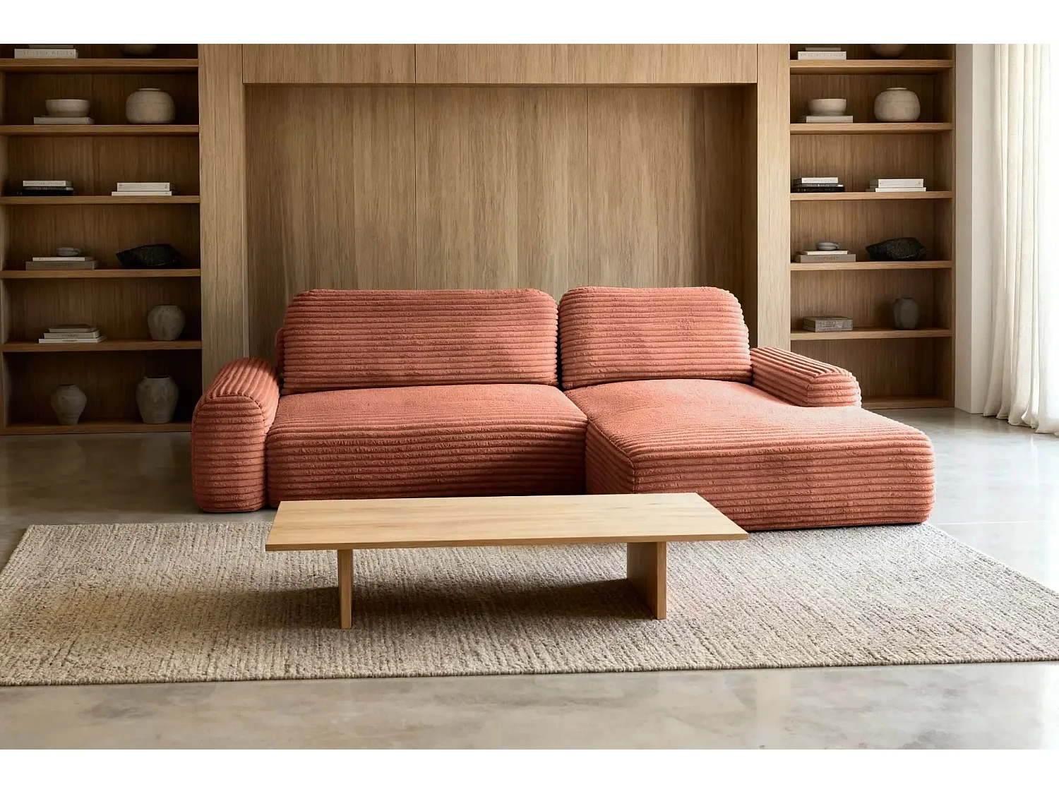 OLYMPE - Canapé d'angle velours cotelé 4 places - Terracotta - Gauche